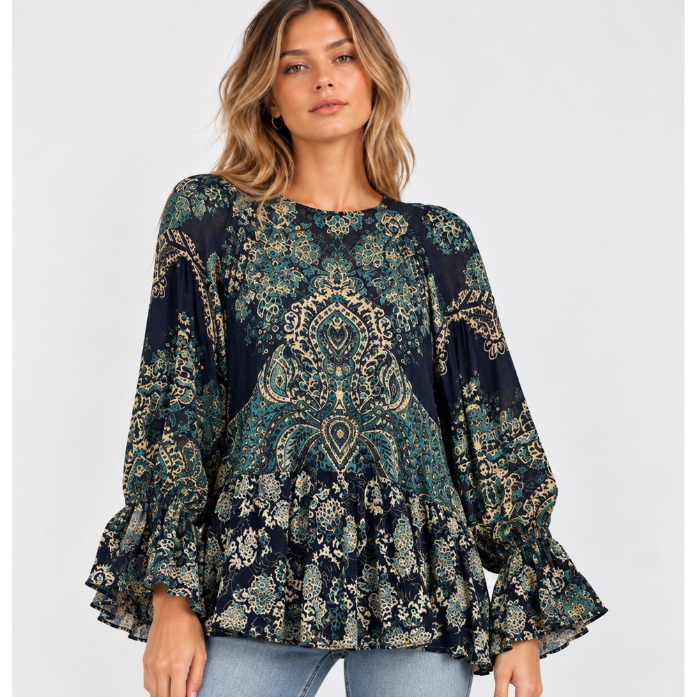 Free People Blue Combo Paisley Tie Back Bell Sleeve Tunic Top OB834537 XS NWT